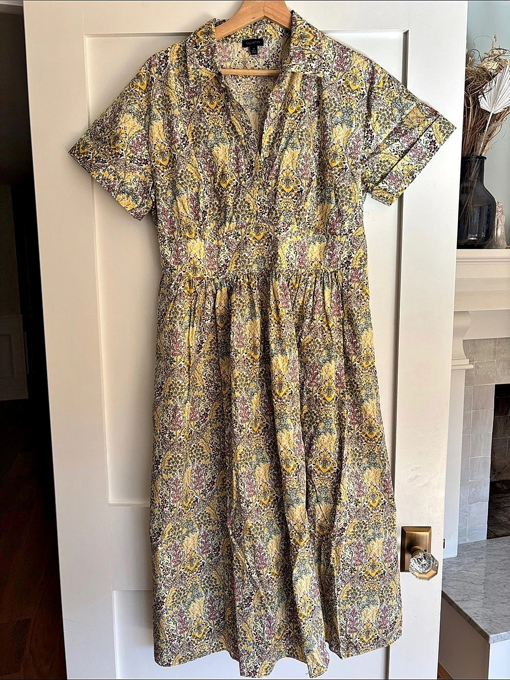 Talbots Smocked Poplin Shirtdress - Branching Floral Midi Dress in Yellow